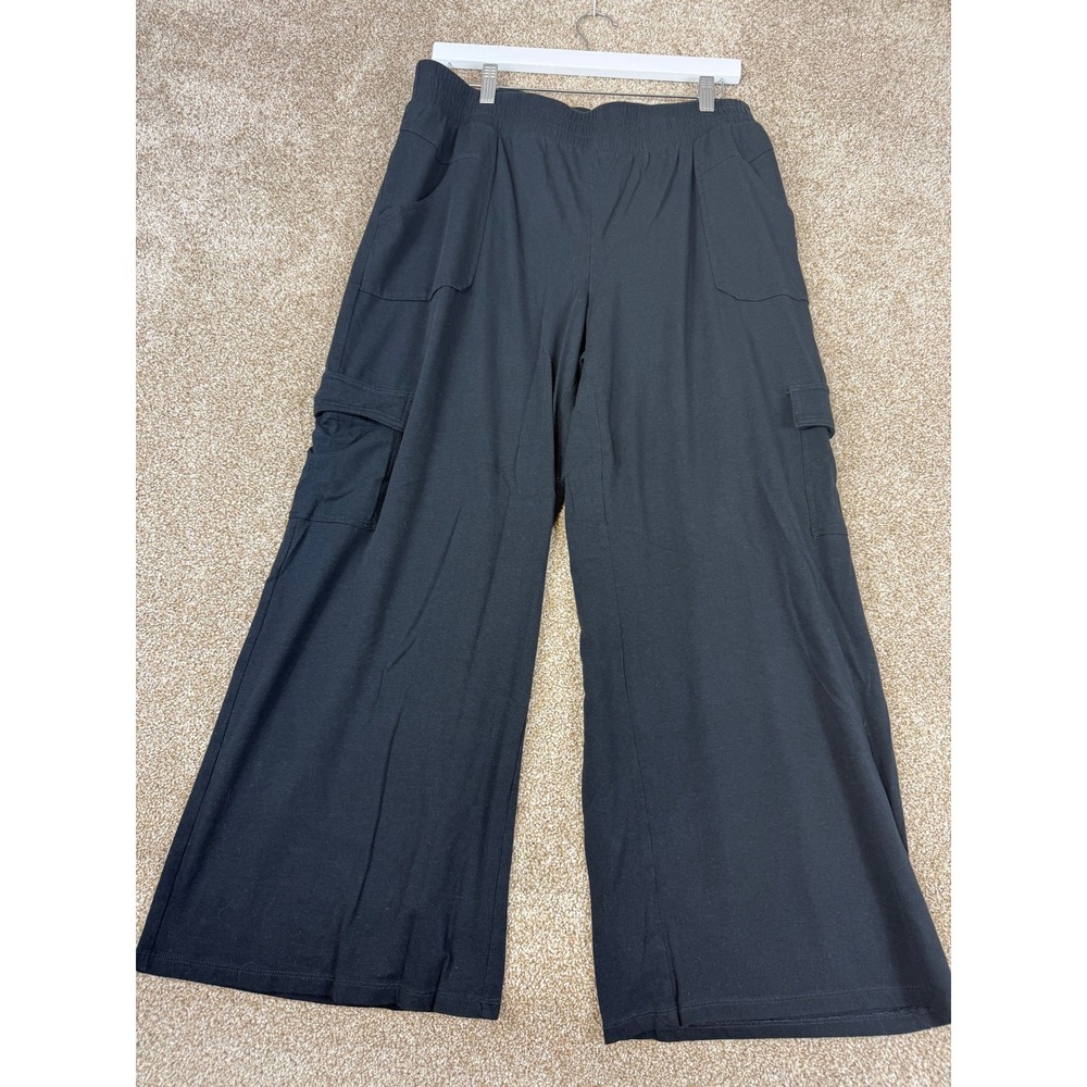 AnyBody Womens Black Wide Leg Cargo Lounge Pants Cotton Large Travel Athleisure